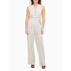 Calvin Klein Women 10 Beige Stripe Linen Blend Sleeveless V-Neck Belted Jumpsuit